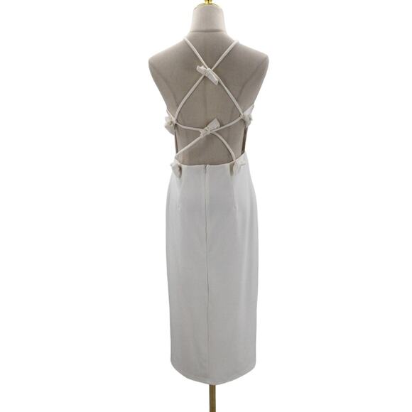LULU'S M Glamorous Adornment Ivory Halter Strappy Bow Midi Dress NEW B66 - Picture 3 of 12